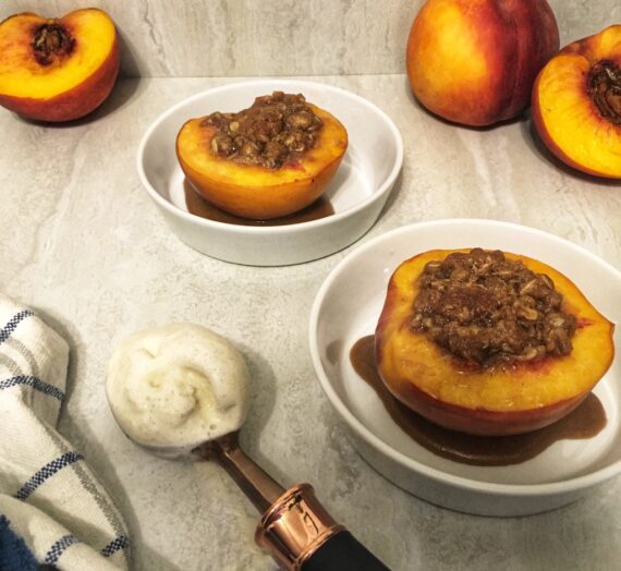 Sweet Oven Roasted Peaches with Streusel and Caramel Drizzle