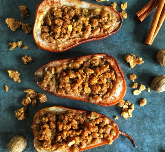Oven Roasted Pears with Streusel and Caramel Drizzle