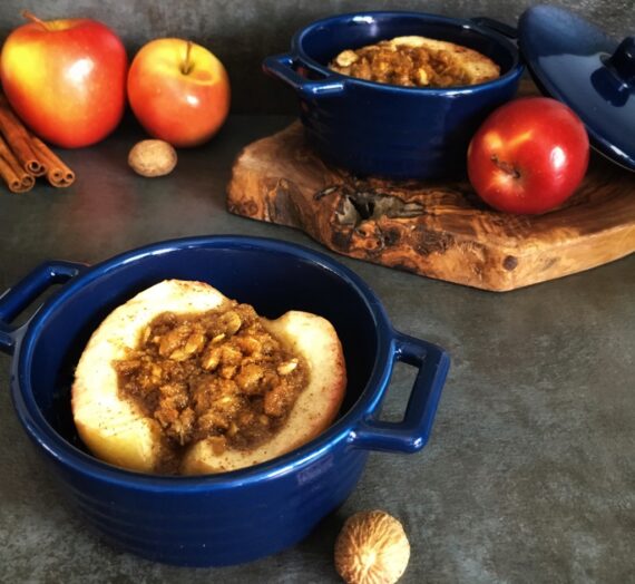 Oven Roasted Apples with Streusel and Caramel Drizzle