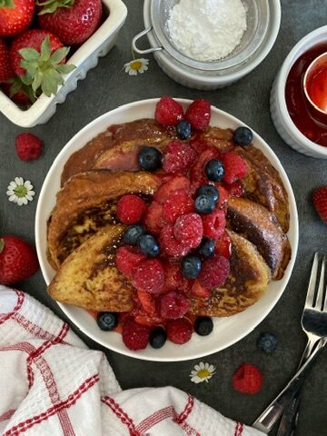 Red, White, and Blueberry French Toast with Syrupy Strawberry Compote